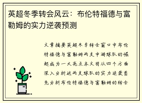英超冬季转会风云:布伦特福德与富勒姆的实力逆袭预测 英超冬季转会风云:布伦特福德与富勒姆的实力逆袭预测